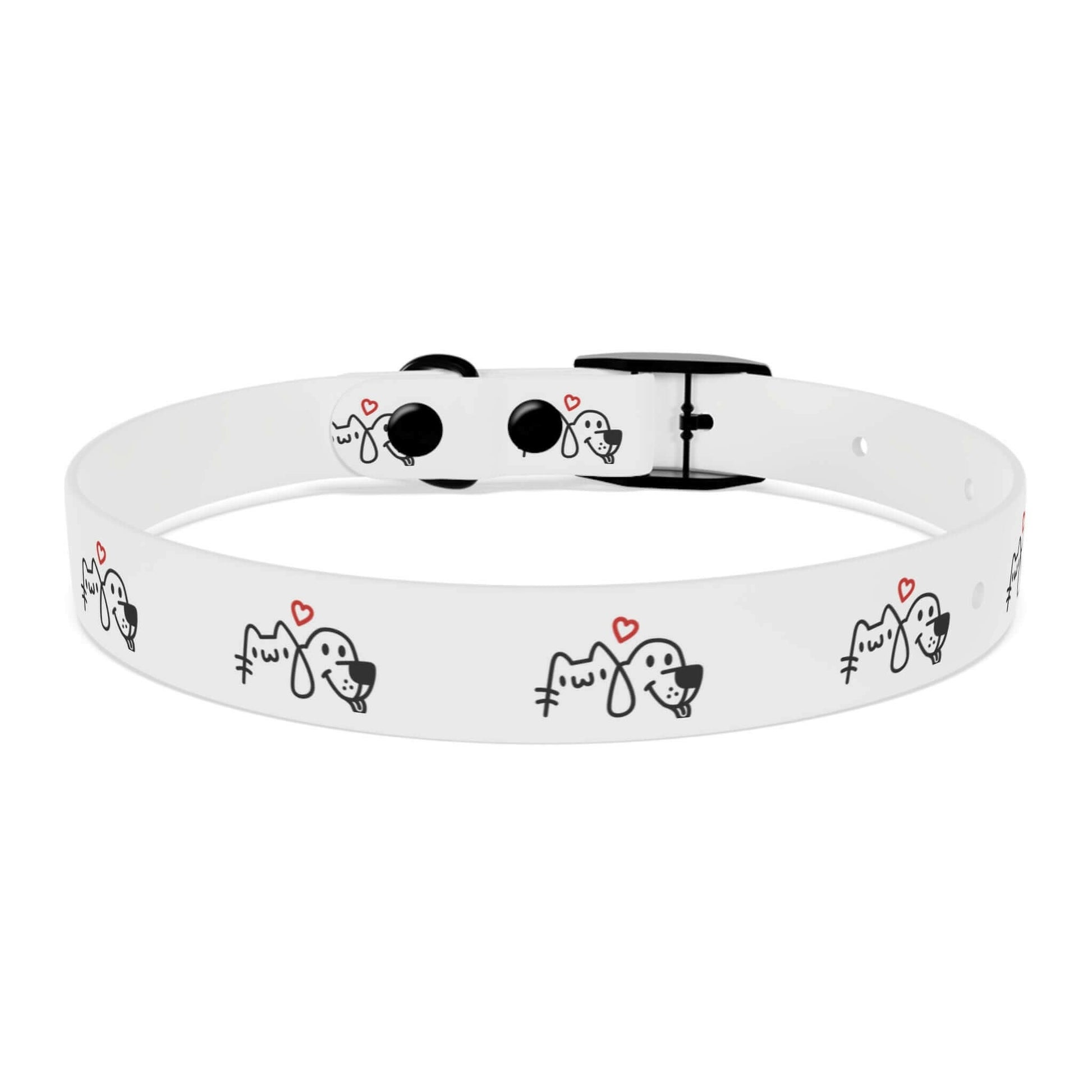 White pet collar with cute cartoon dog and cat faces and red hearts, featuring black buckle.