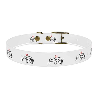 Adorable white pet collar with cute dog and cat design and tiny red hearts, perfect for your furry friend's stylish look.