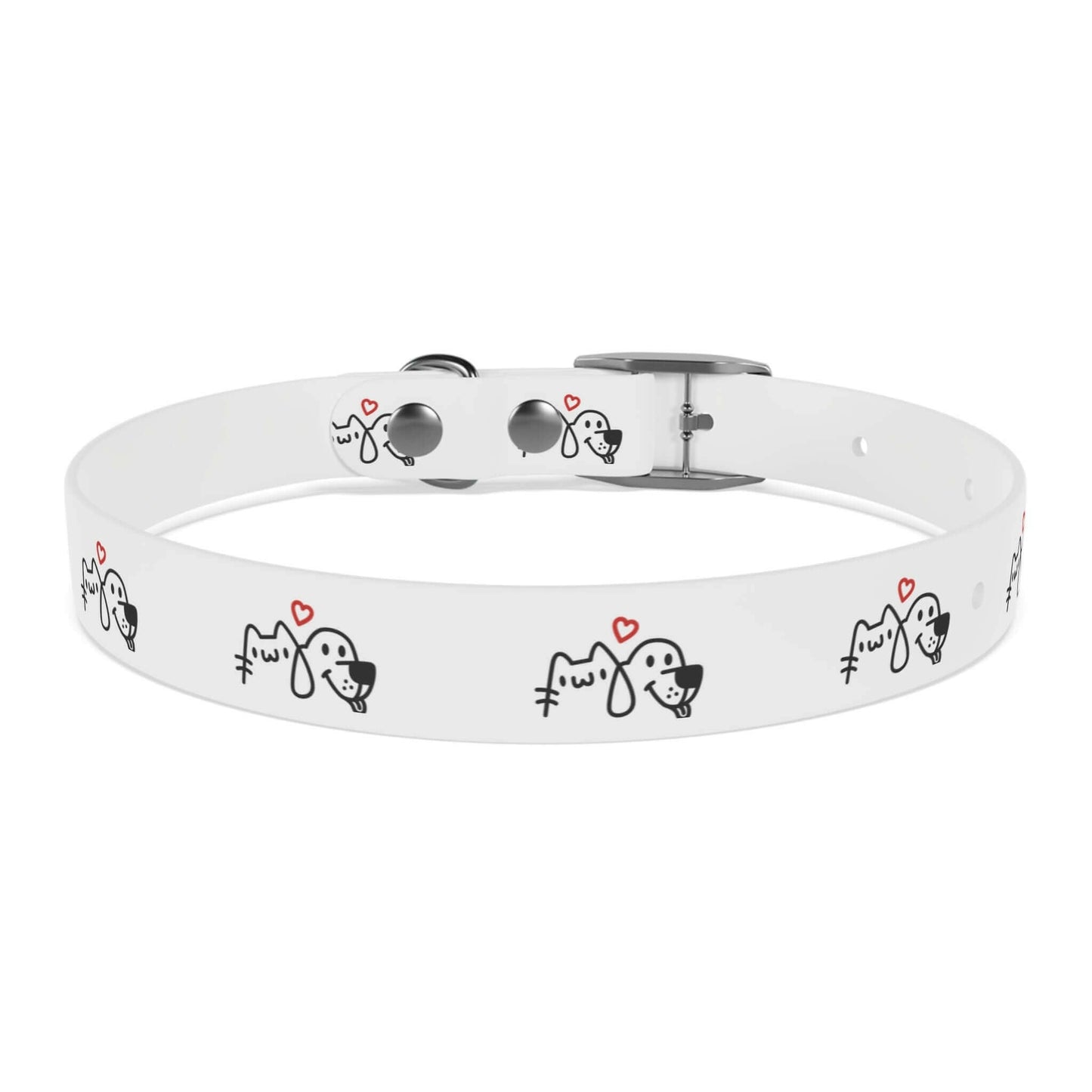 Stylish white pet collar with cute dog and cat illustrations and little red hearts, perfect for furry friends.