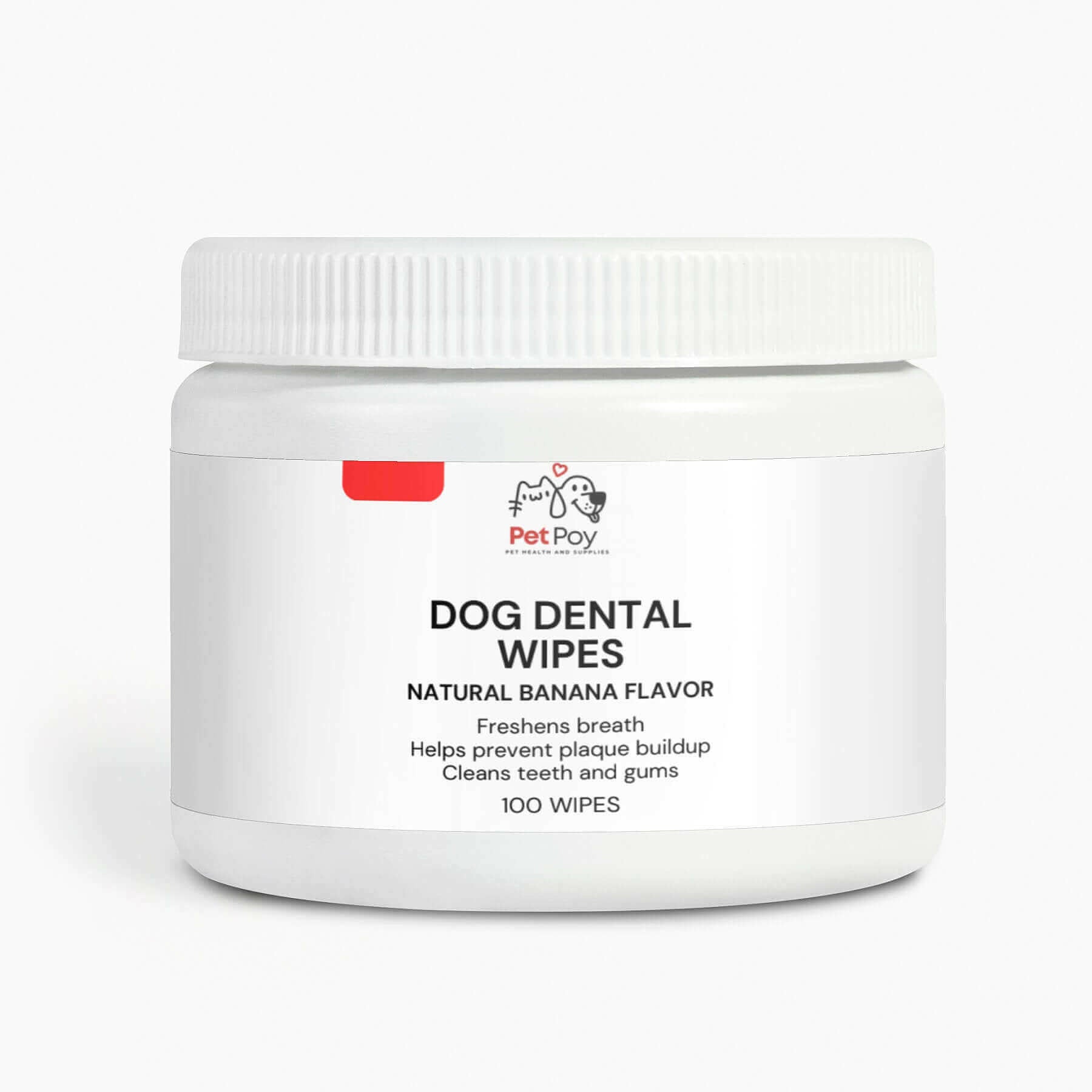 Dog dental wipes with natural banana flavor in a white container for fresh breath, plaque prevention, and teeth cleaning.