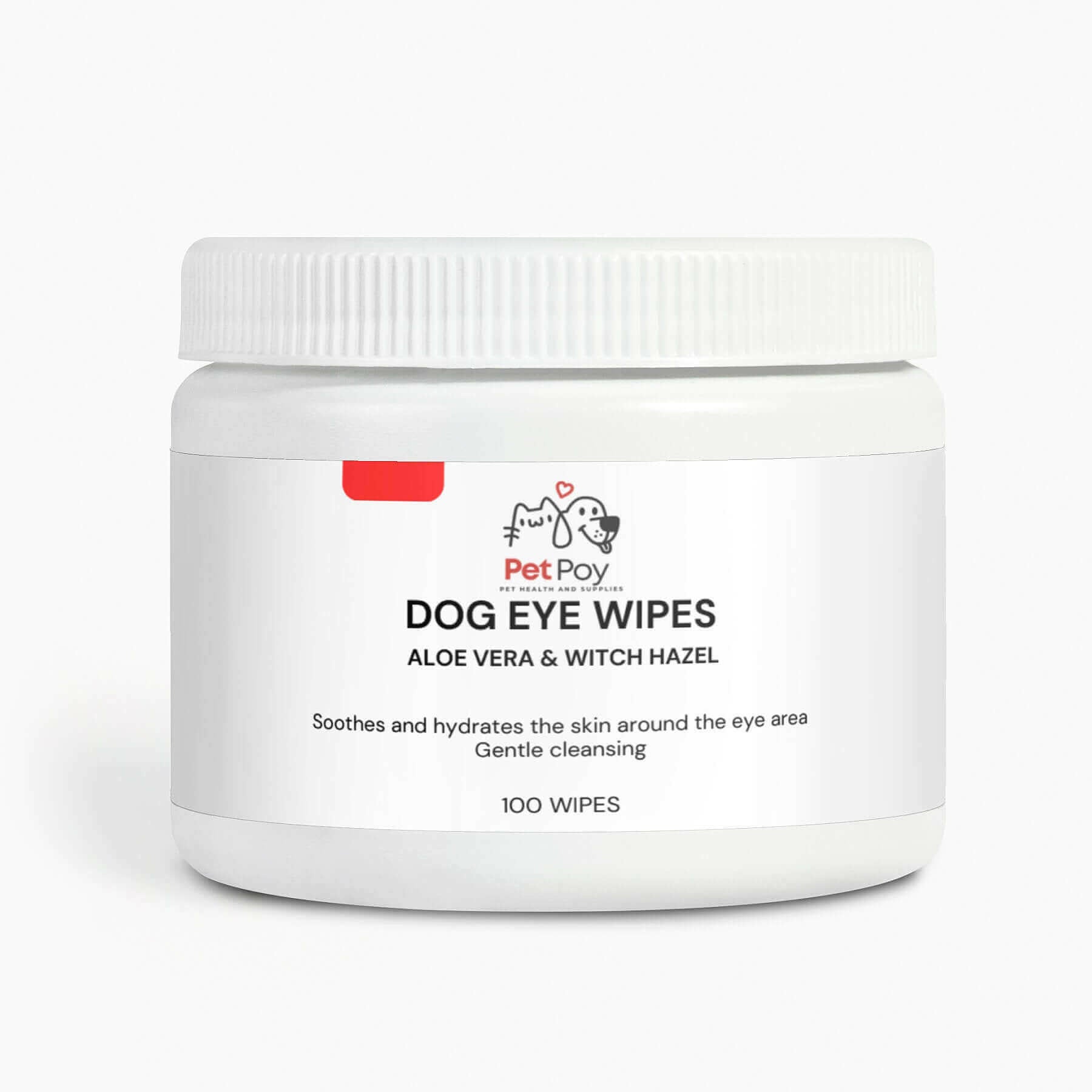 Container of Pet Poy Dog Eye Wipes with Aloe Vera and Witch Hazel, designed to soothe and hydrate the skin around the eye area.