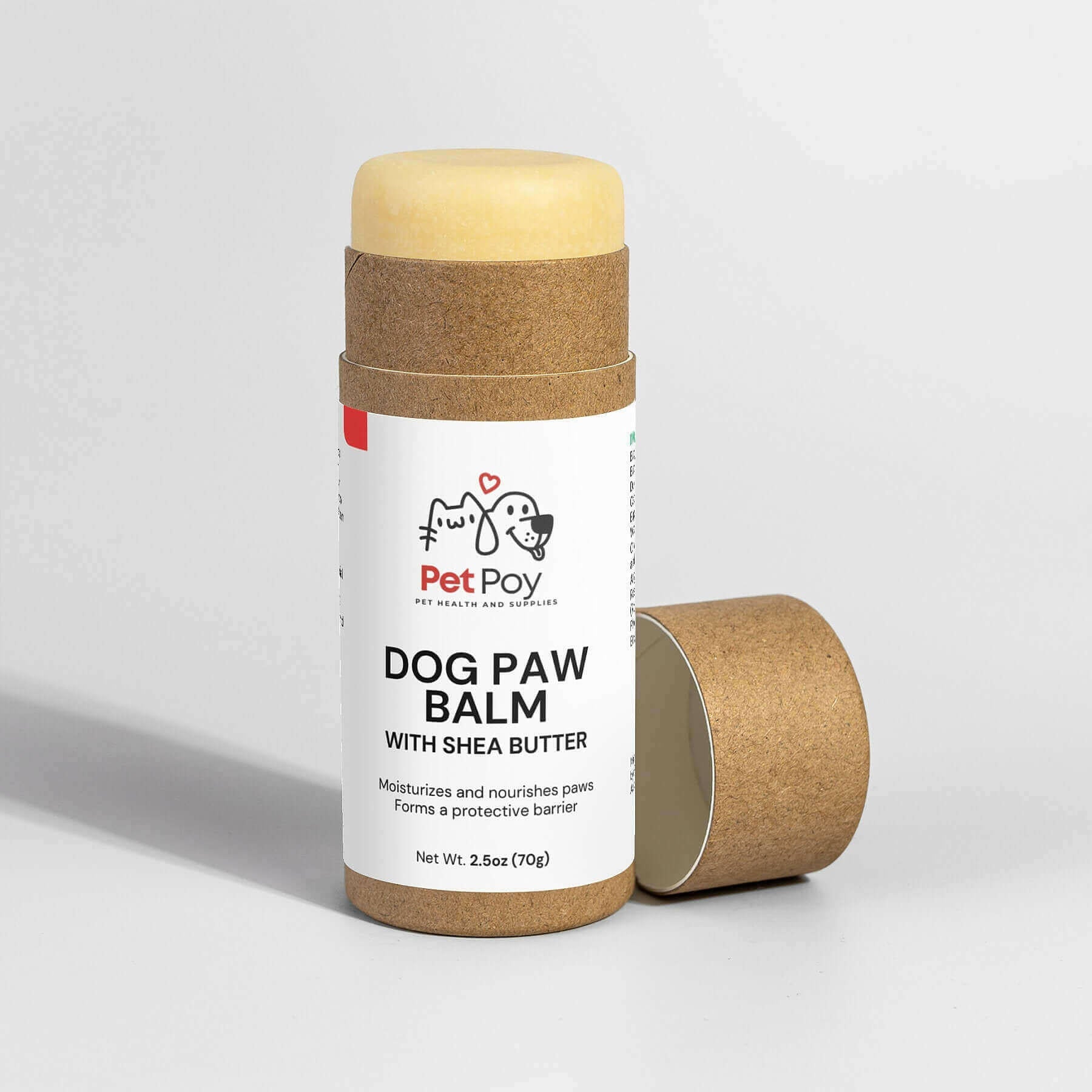 PetPoy Dog Paw Balm with Shea Butter for moisturizing and nourishing pet paws, 2.5oz stick with open cap