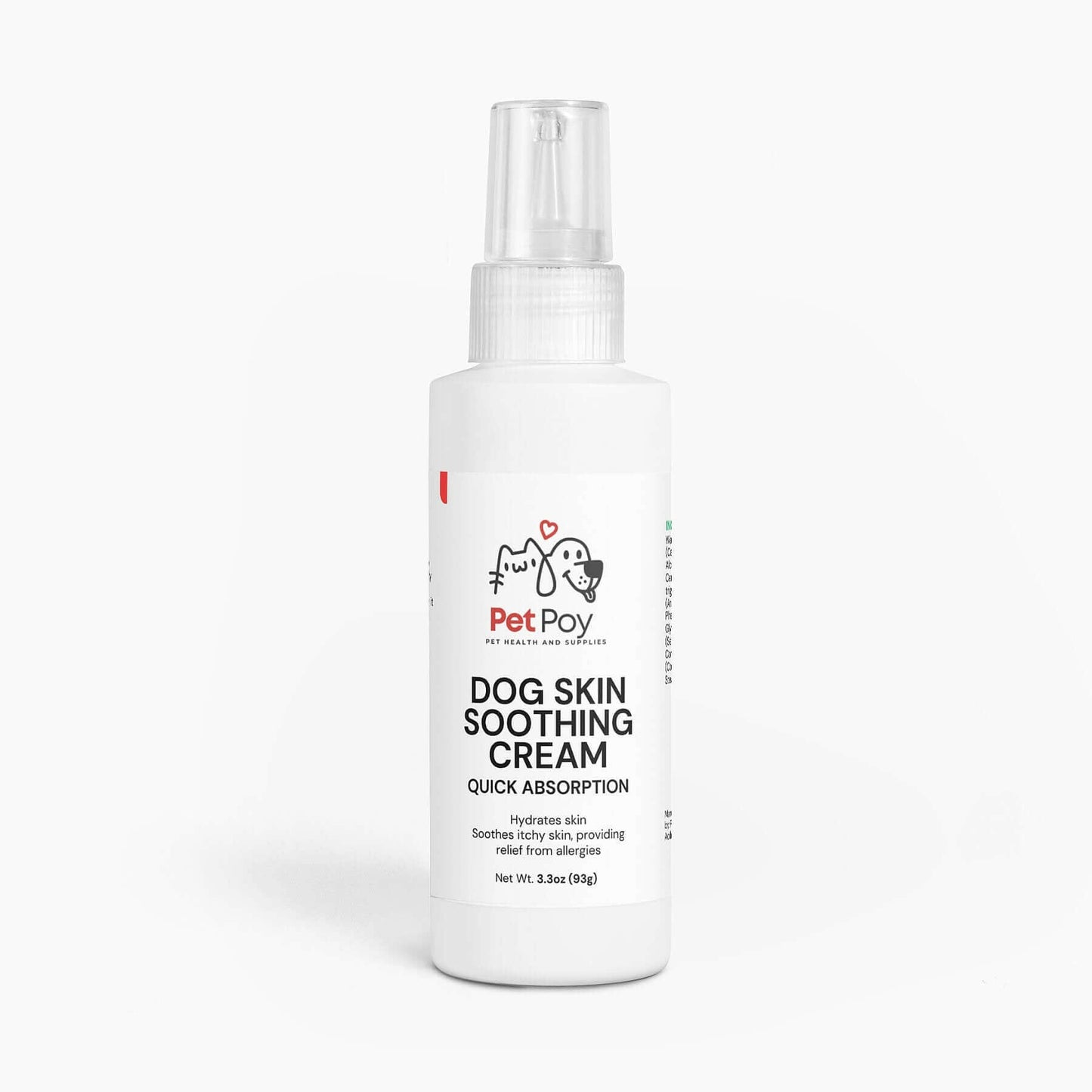 PetPoy Dog Skin Soothing Cream bottle for quick absorption and itch relief.