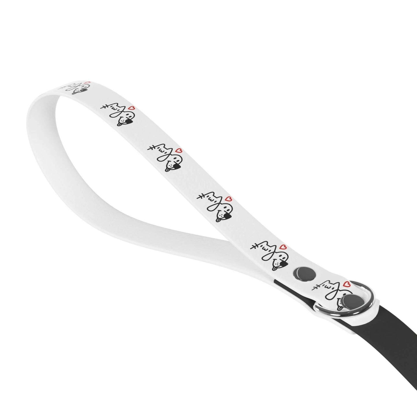 Stylish white dog leash with cute cartoon dog design and a love heart pattern, perfect for pet lovers.