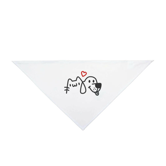 Cute cat and dog design on a white pet bandana with a heart above them