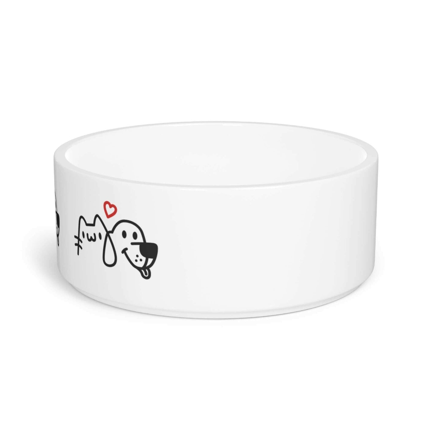 Cute white pet bowl with adorable cat and dog illustration, featuring a red heart above the dog. Perfect for pet lovers!