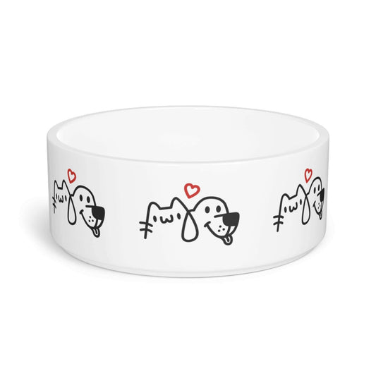 Cute pet bowl with whimsical dog and cat illustrations and heart accents.