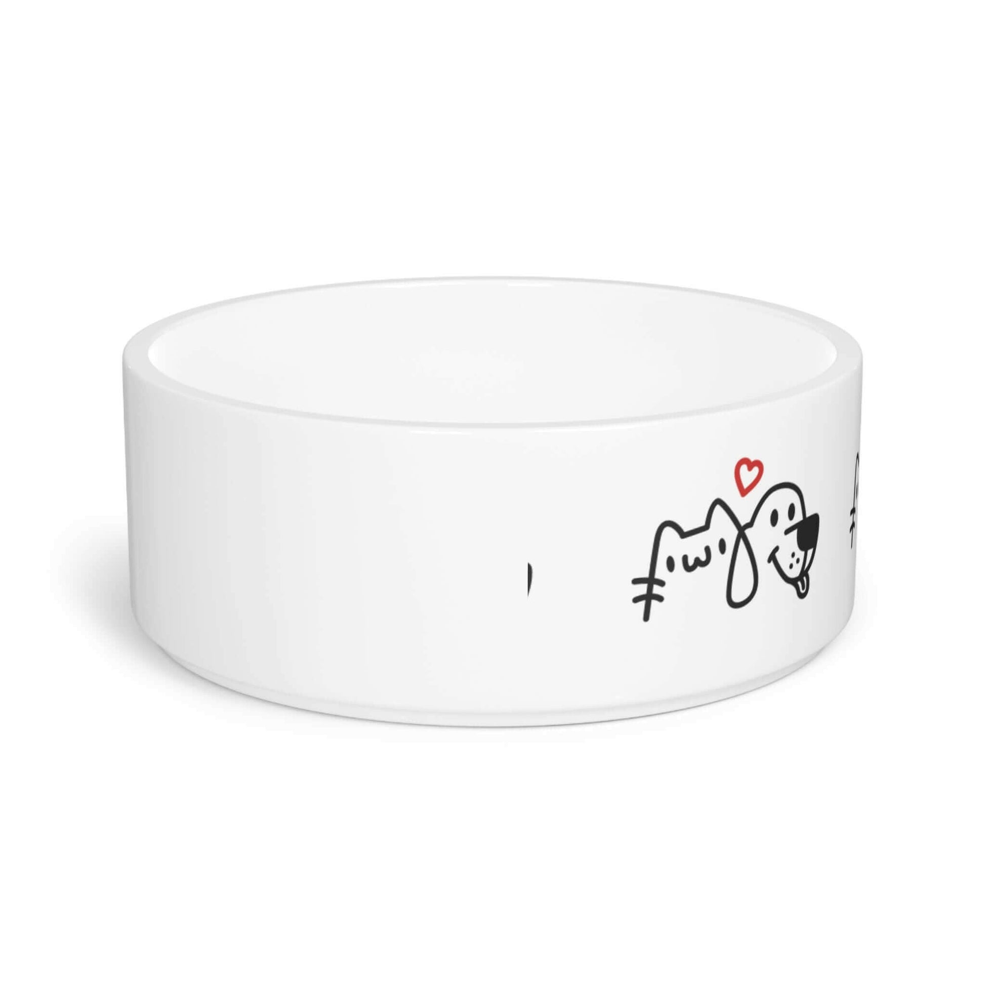 Cute white pet bowl with adorable cat and dog design and a red heart. Perfect for feeding your furry friends in style!