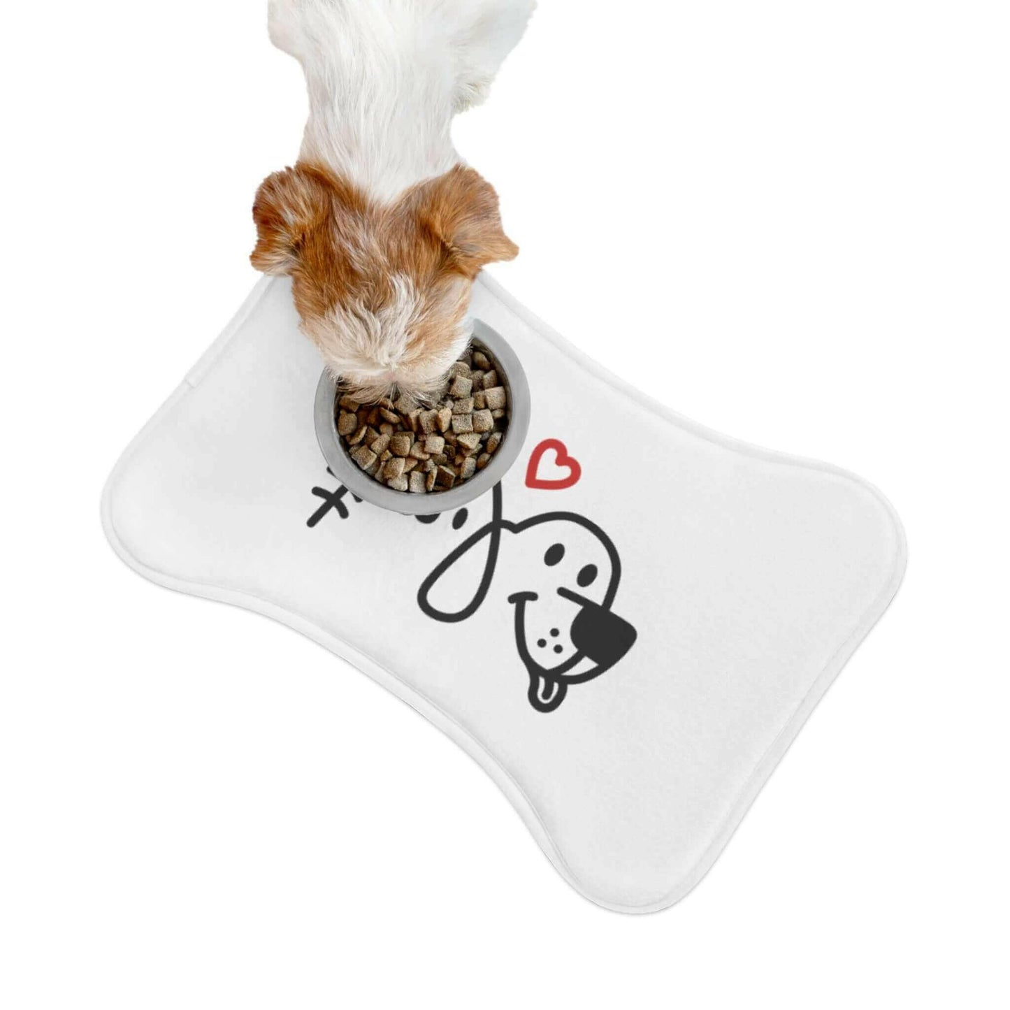 Dog happily eating from a bowl on a cute mat with a playful dog design and a red heart.