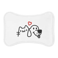 Cute cat and dog with heart illustration on white pillow