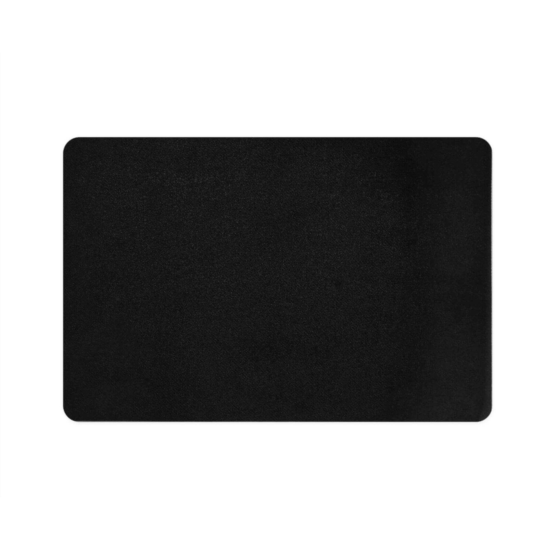 Sleek black rectangular mouse pad with rounded corners on white background.