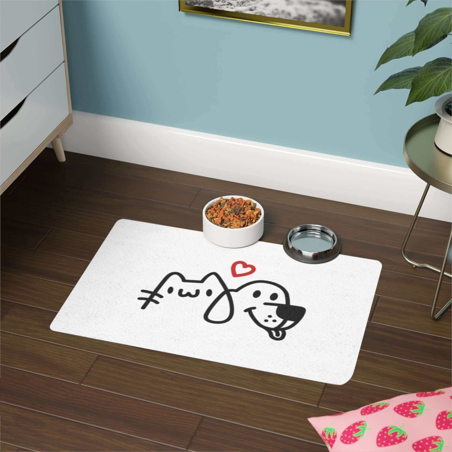 Cute cat and dog mat with pet bowls, perfect for a cozy pet corner.