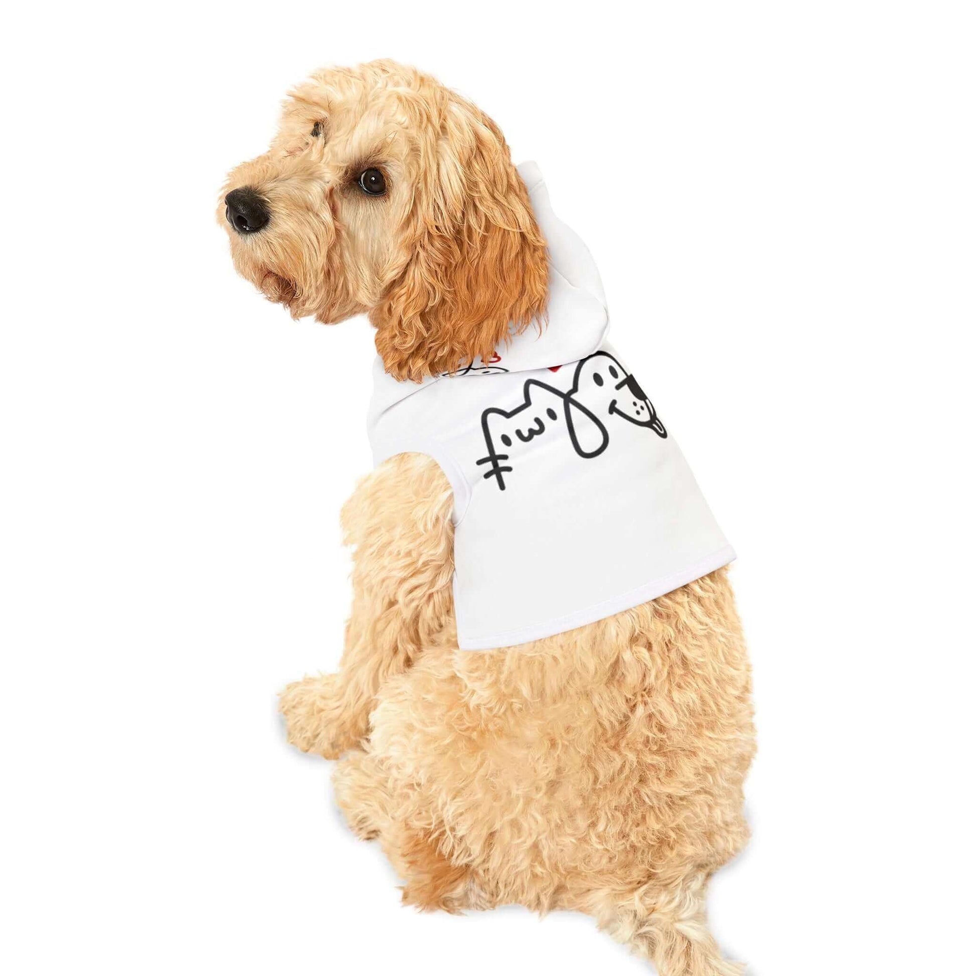 Fluffy dog wearing a cute white hoodie with cartoon animal design, sitting and looking back.