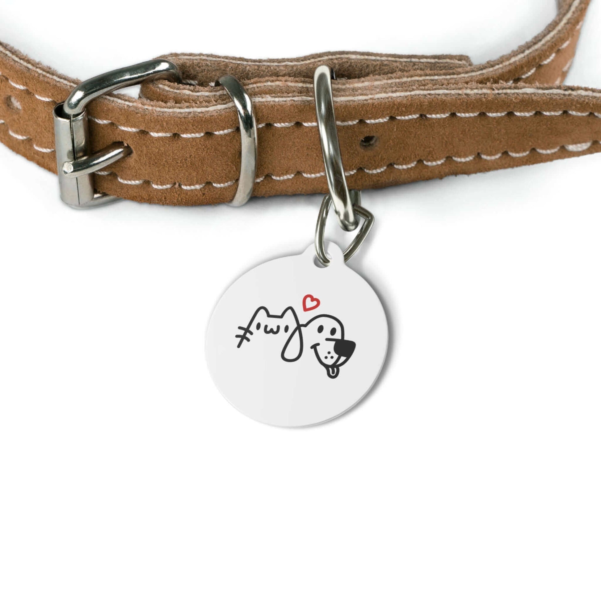 Brown leather pet collar with cute cat and dog charm pendant, adorned with a small red heart.