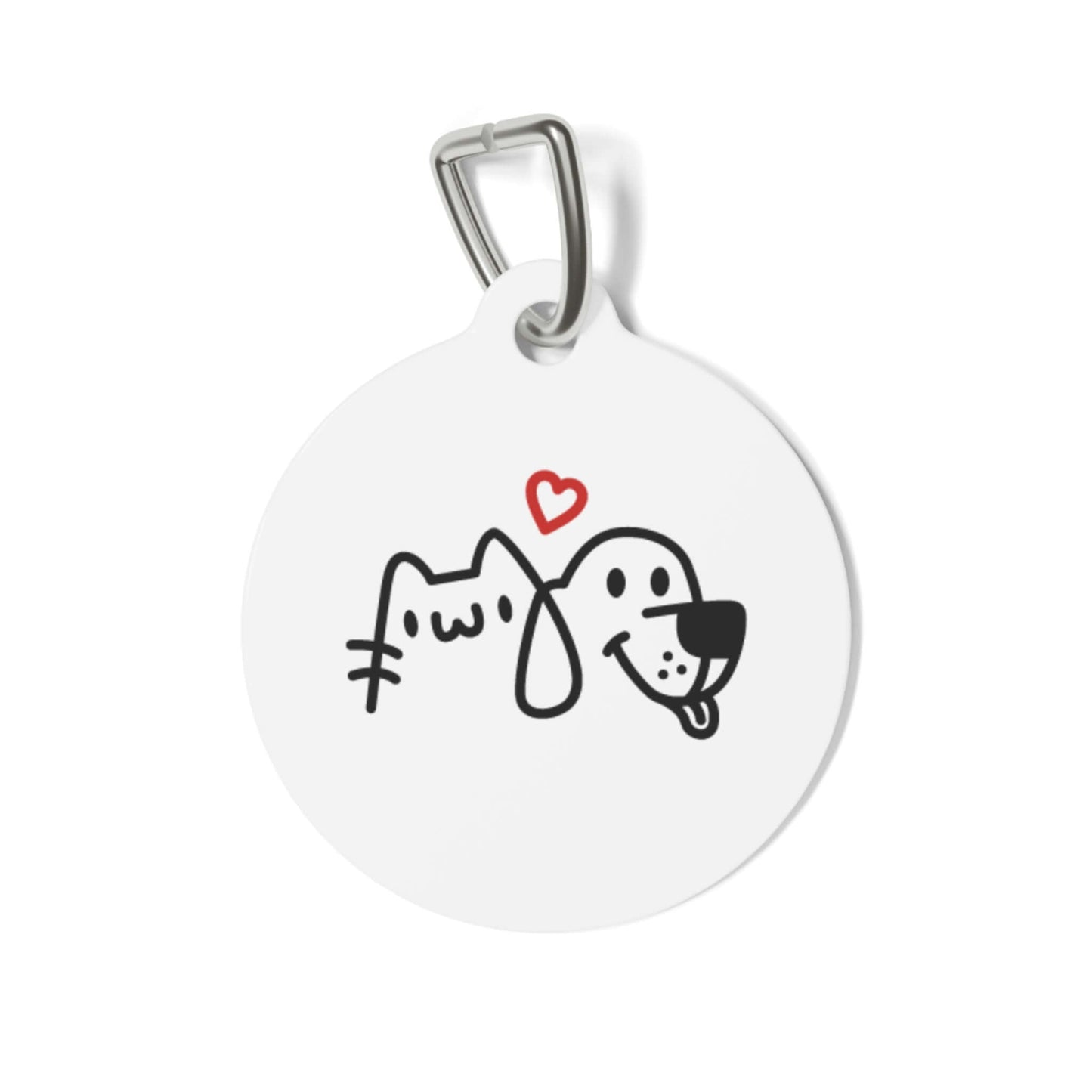 Cute cat and dog friendship illustration with a red heart on a round white pet tag.