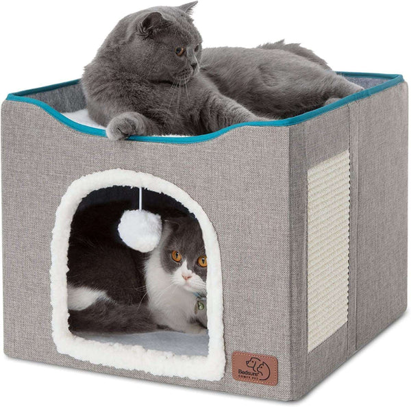Bedsure Cat Beds for Indoor Cats - Large Cat Cave for Pet Cat House with Fluffy Ball Hanging and Scratch Pad, Foldable Cat Hideaway,16.5X16.5X14 Inches, Grey - PETGS