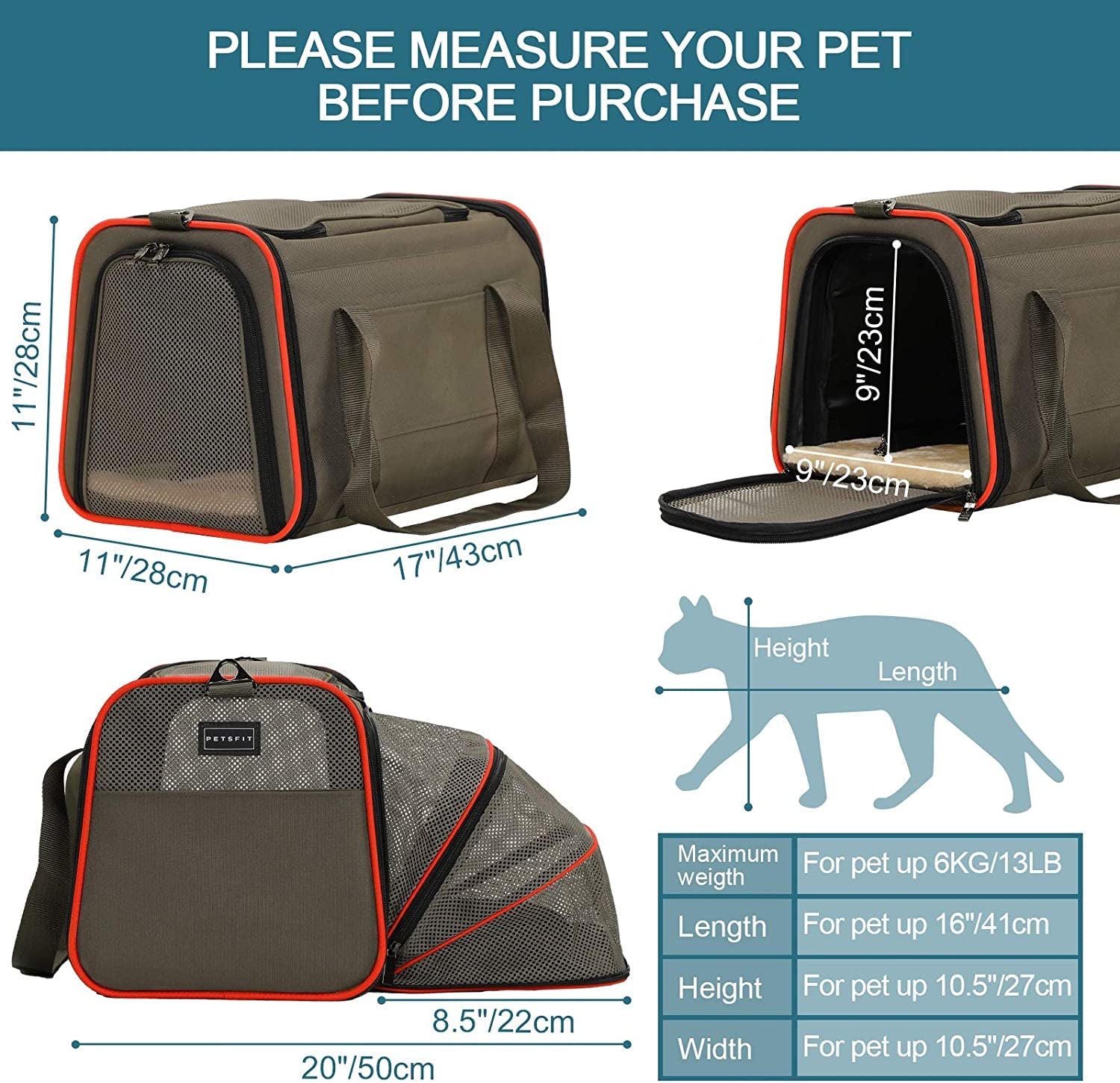 Expandable Cat Carrier Dog Carriers,Airline Approved Soft-Sided Portable Pet Travel Washable Carrier for Kittens,Puppies,Removable Soft Plush Mat and Pockets,Locking Safety Zippers - PETGS