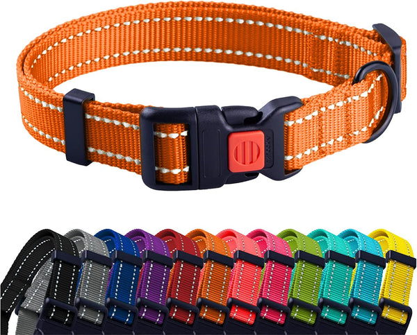 Reflective Dog Collar for a Small, Medium, Large Dog or Puppy with a Quick Release Buckle - Boy and Girl - Nylon Suitable for Swimming (10-13 Inch, Orange) - PETGS